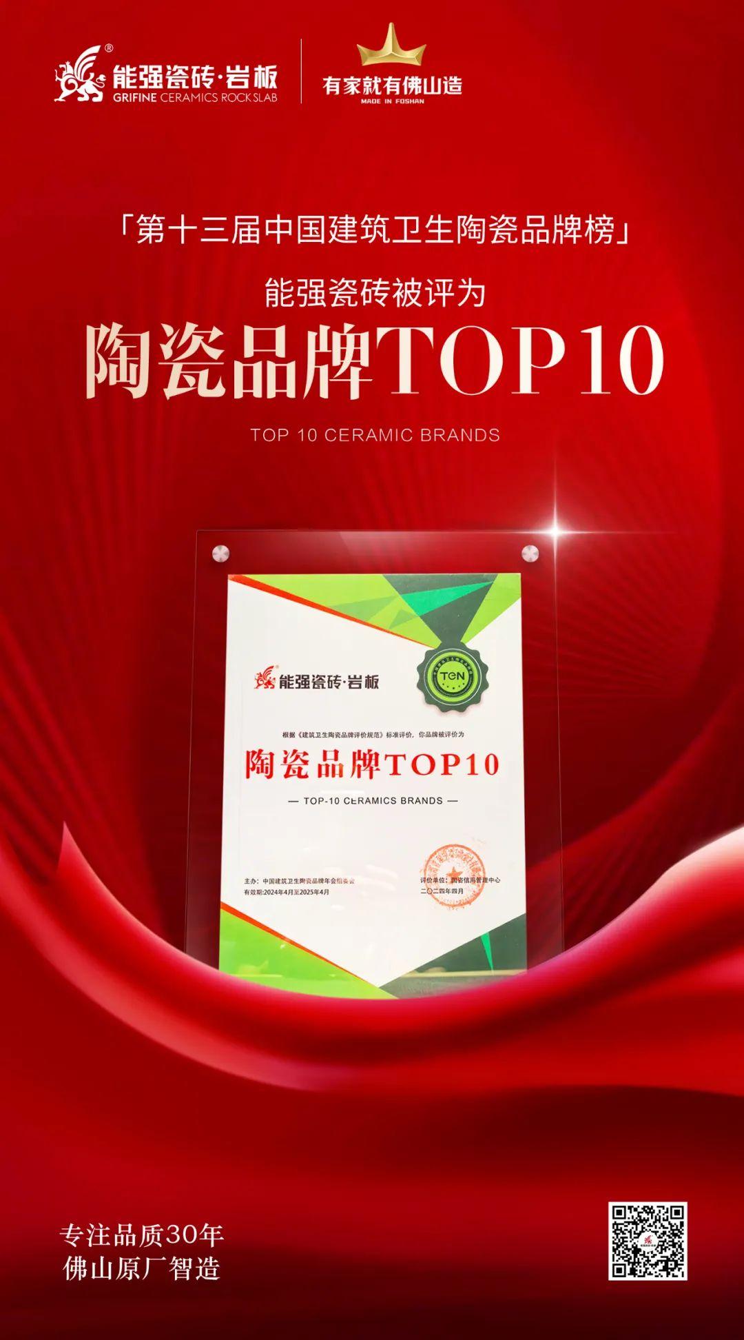 匠心榮耀丨能強(qiáng)瓷磚斬獲“陶瓷品牌TOP10”殊榮！